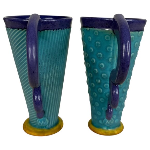 Margo West Studio Pottery Coffee Mugs Set Of 2 Art Deco Style Blue Purple - Picture 6 of 8